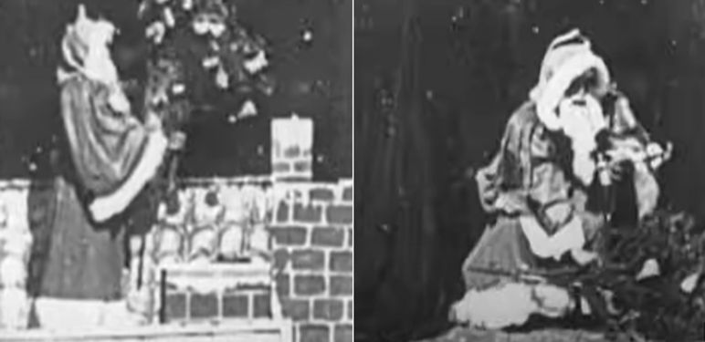 Djed Božićnjak u istoimenom filmu iz 1898., kako hoda po krovu i daruje djecu