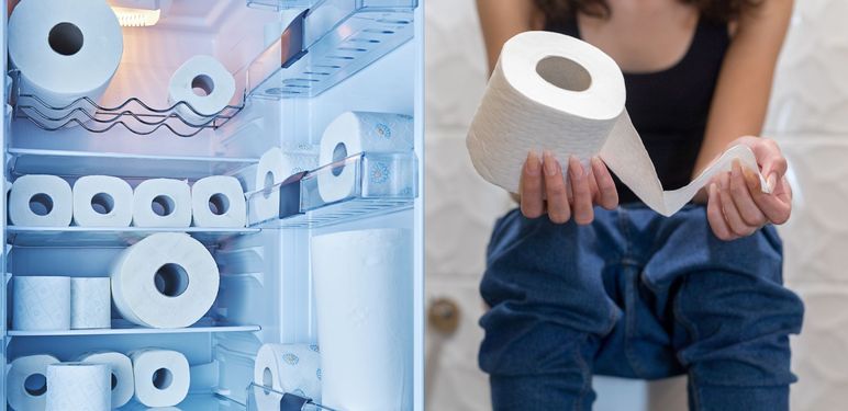 Rola WC papira u hladnjaku i osoba koja koristi WC s papirom u ruci