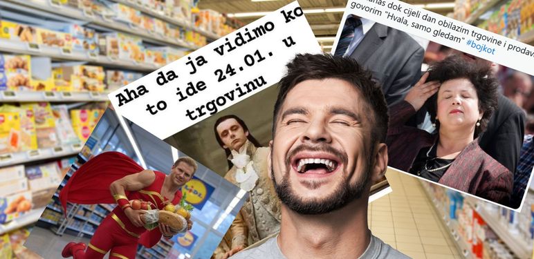 Prazna trgovina i muškarac koji se smije na memeove povezane s bojkotom trgovina