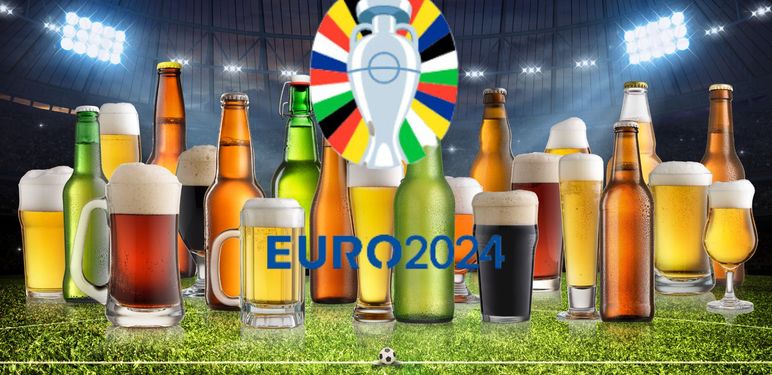Razne vrste piva na nogometnom terenu i logo Eura 24