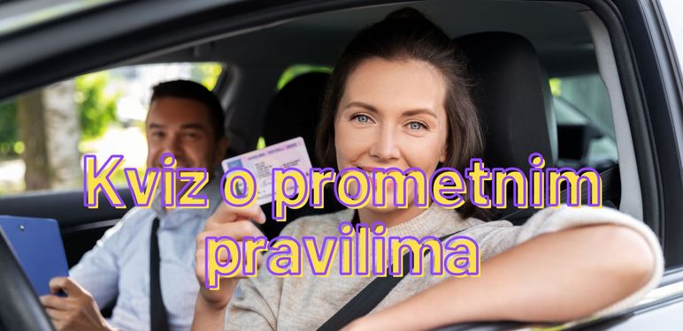 Žena u autoškoli s podignutom vozačkom dozvolom uz naslov kviza