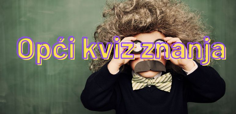 Dijete u kostimu Alberta Einsteina i natpis Opći kviz znanja