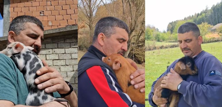 Jovica Nikolic koji pjeva domaćim životinja koje drži u naručju