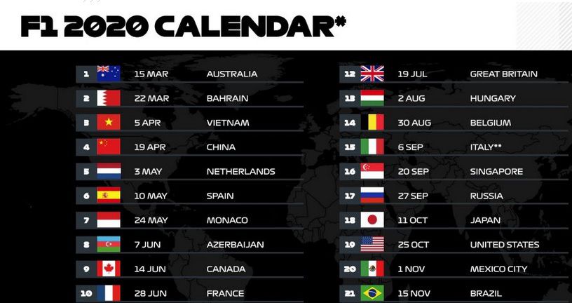 Kalendar Formule 1 za 2020. (Screenshot: formula1.com)