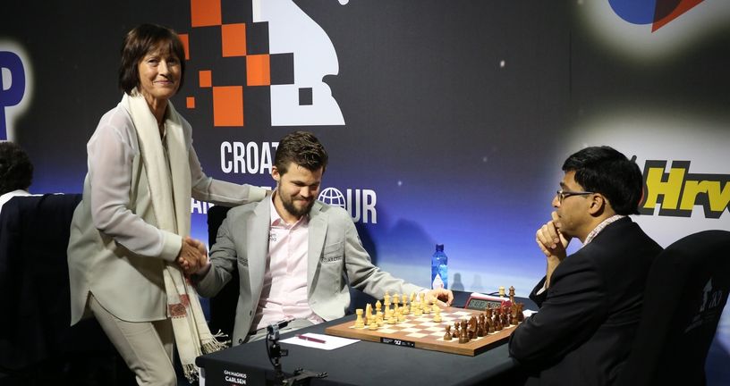 Magnus Carlsen, Viswanathan Anad i norveška veleposlanica (Photo: Marko Prpic/PIXSELL)