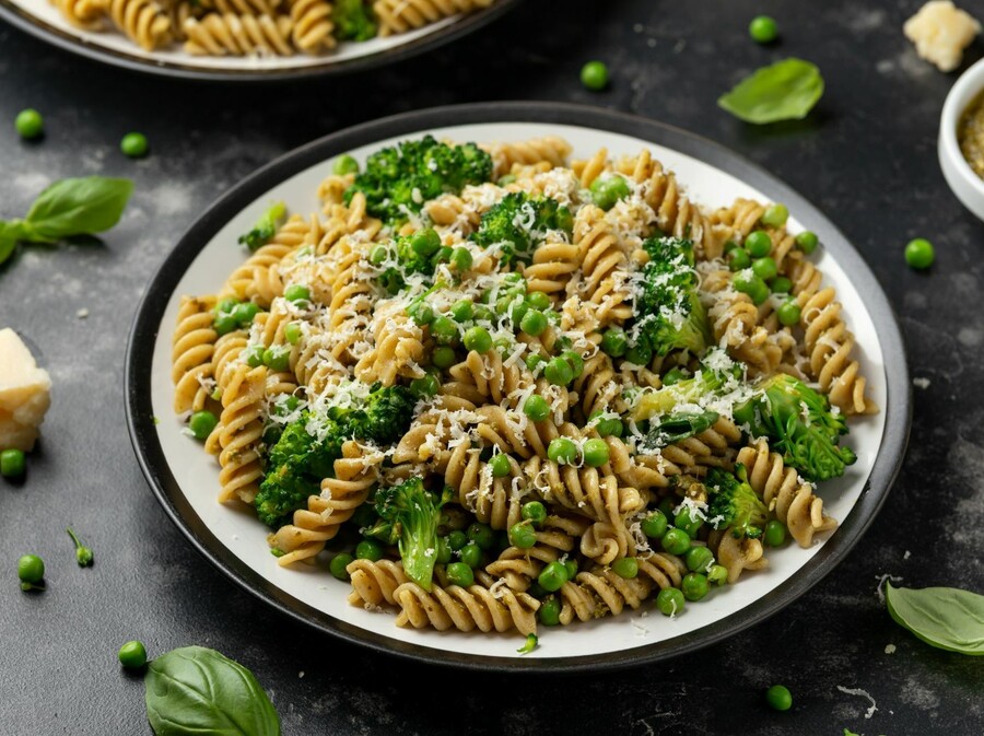 Tjestenina s brokulom, graškom i prženim pinjolima