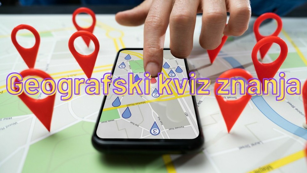 Aplikacija za navigaciju na mobitelu i natpis Geografski kviz znanja