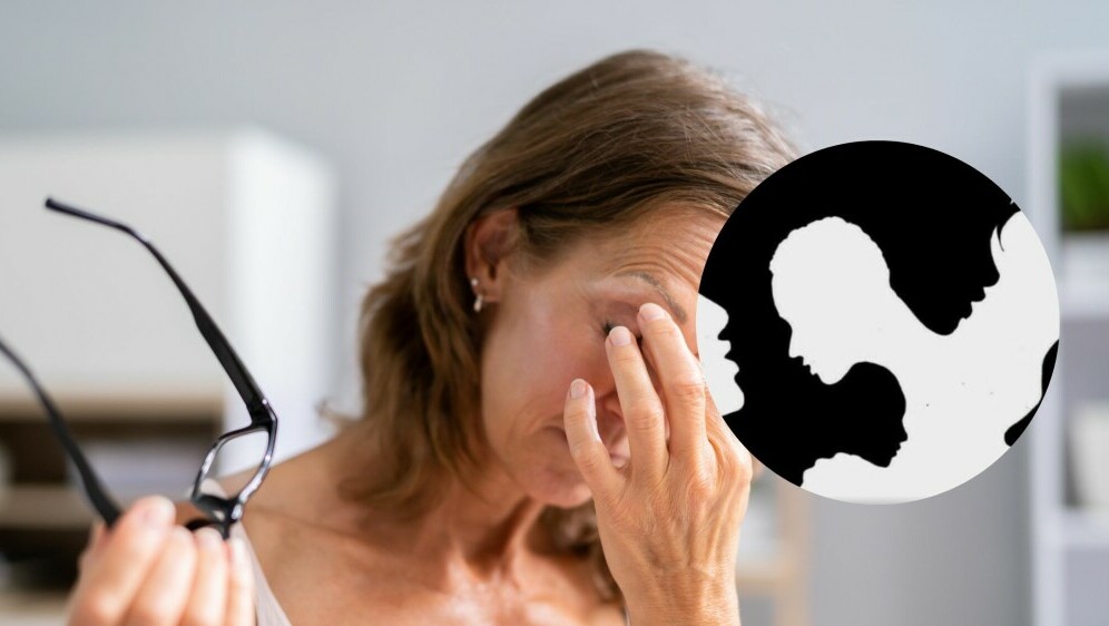 Žena koja trlja oči nakon nošenja naočala i vizualna zagonetka