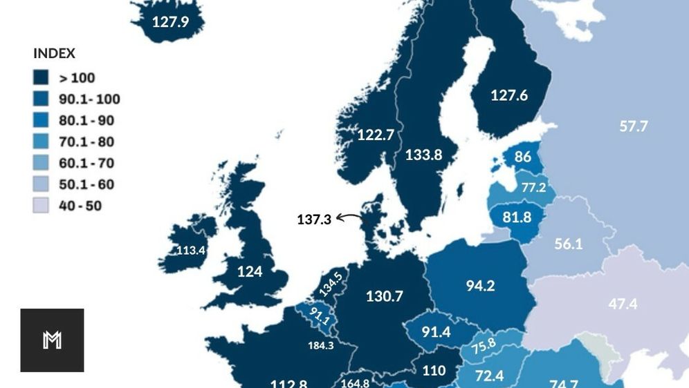 Karta s podacima o indeksu kupovne moći u Europi