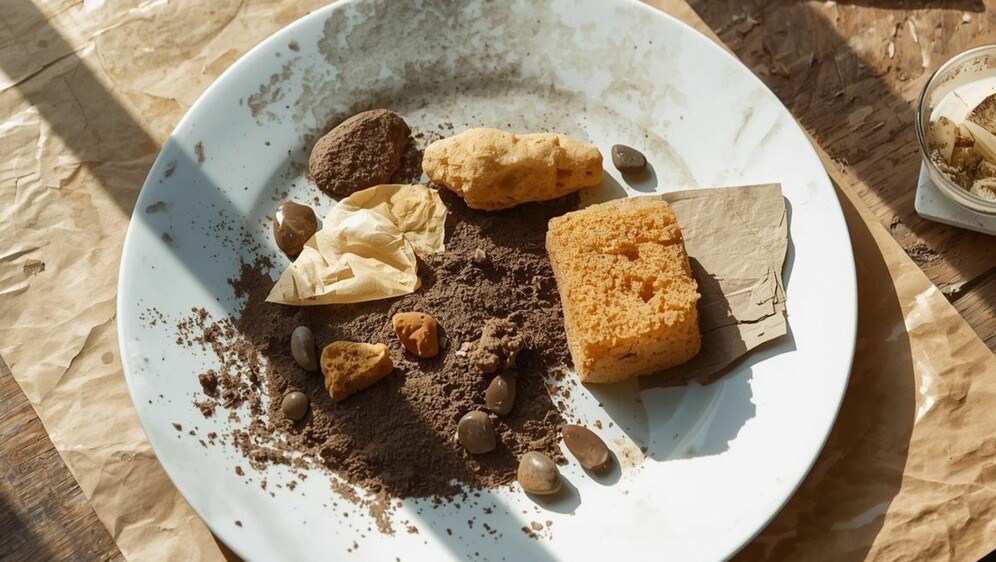 Kamenje, zemlja, papir i spužva na tanjuru