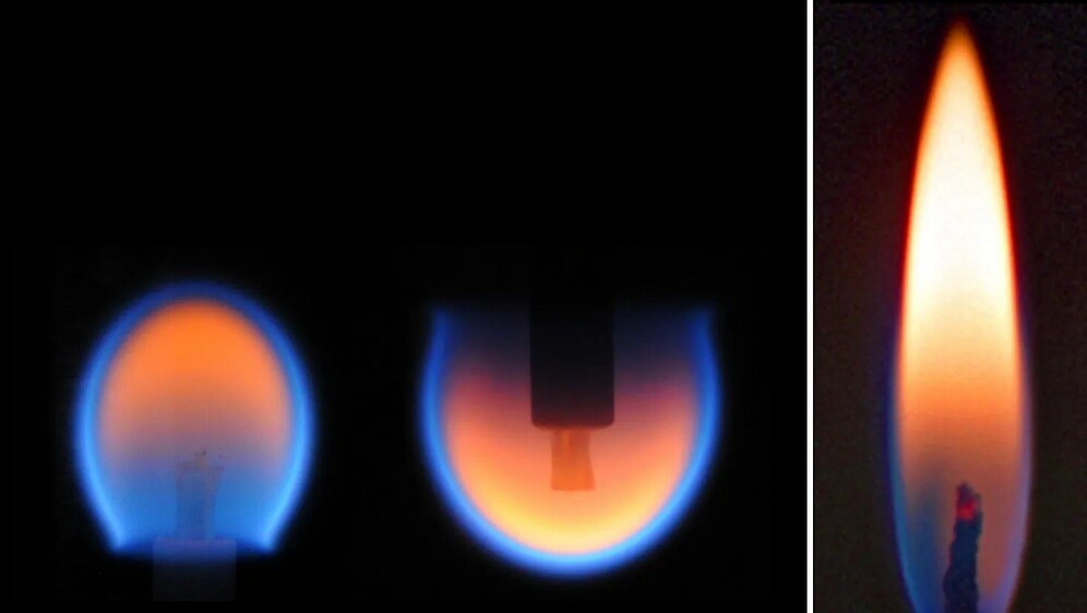 Plamen u uvjetima mikrogravitacije (lijevo) i na Zemlji (desno)