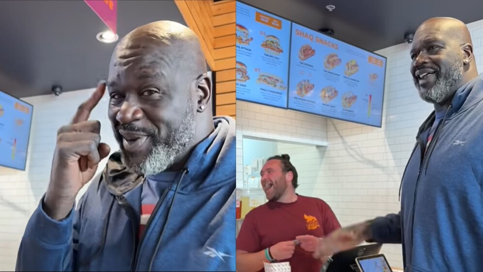 Shaquille O'Neal u interakciji sa zaposlenikom njegovog restorana