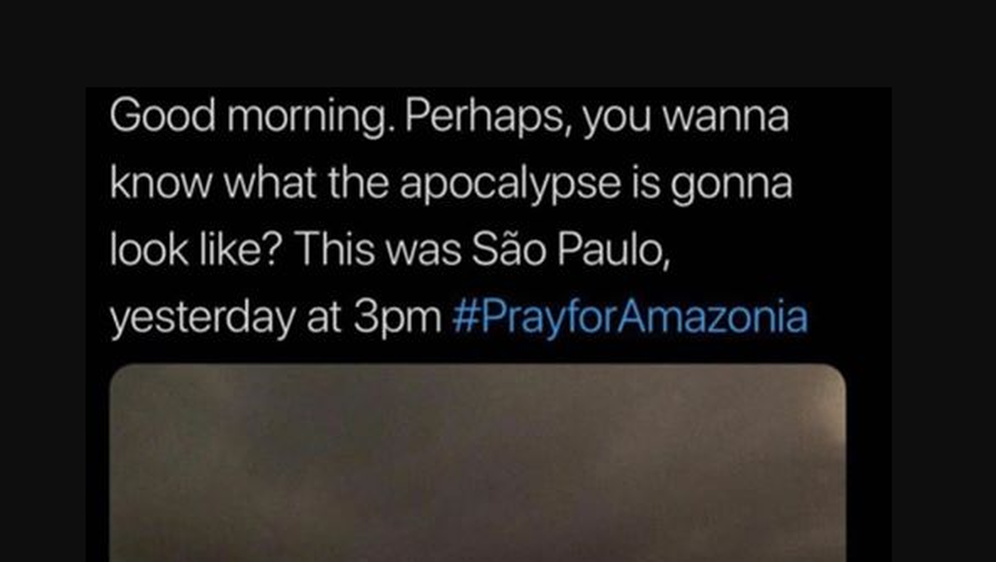 Sao Paulo se zacrnio na sat vremena usred bijela dana zbog požara koji bukti u 2700 kilometara udaljenoj Amazonskoj prašumi (Foto: Twitter)