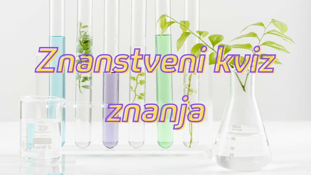 Laboratorijska oprema i biljka uz natpis Znanstveni kviz znanja