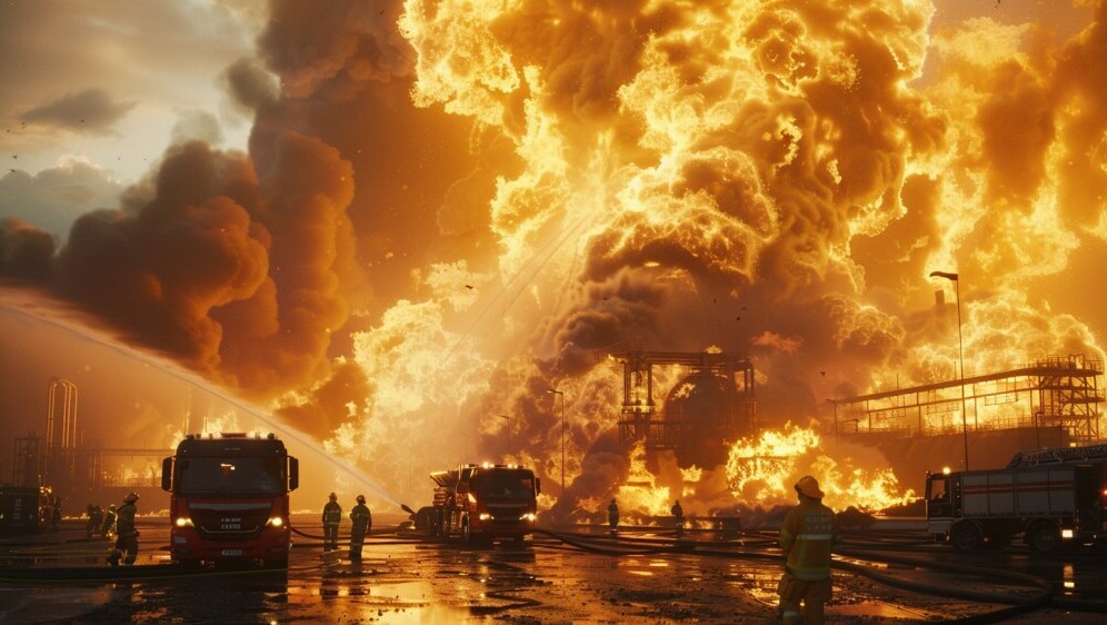 Požar u tvornici, ilustracija, AI