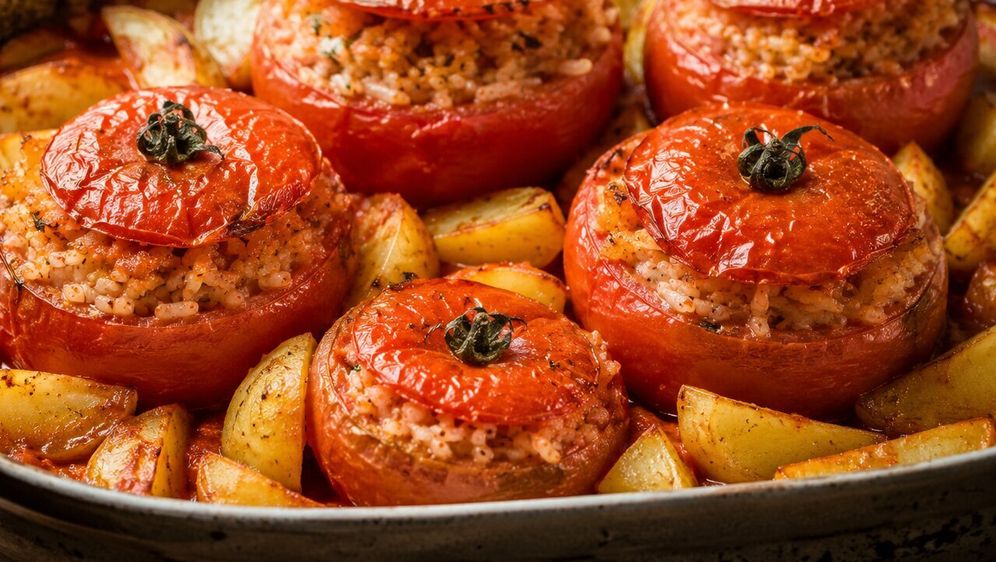 Rajčice punjene rižom s pečenim krumpirom