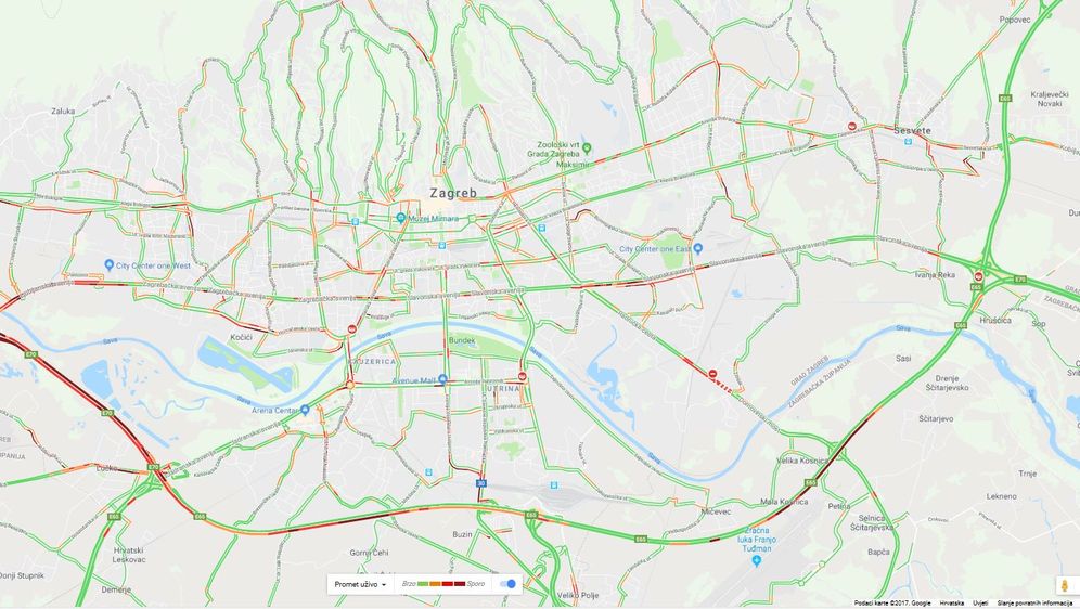 Promet u Zagrebu oko 17 sati(Screenshot: Google karta promet)
