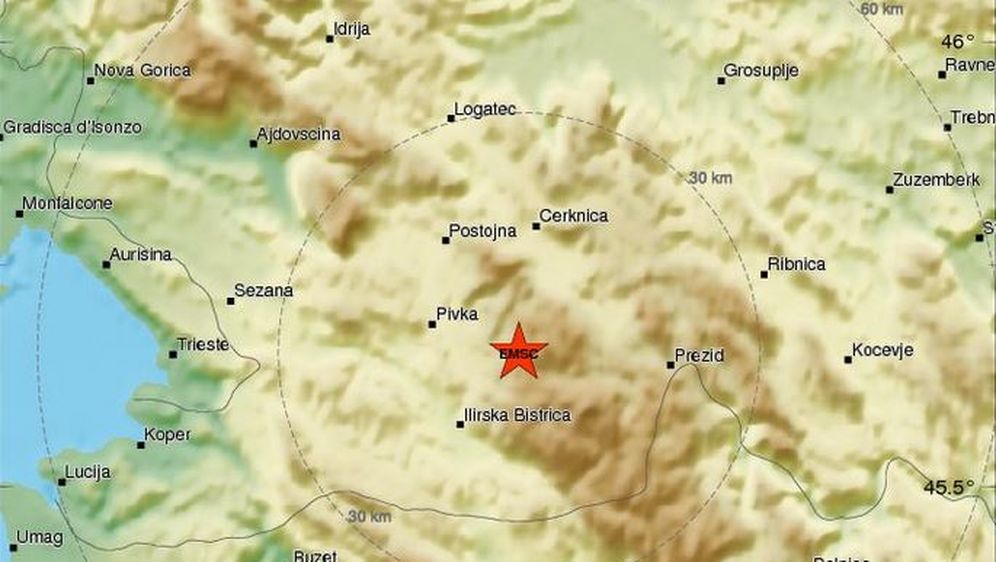 Potres u Sloveniji (Screenshot: EMSC)