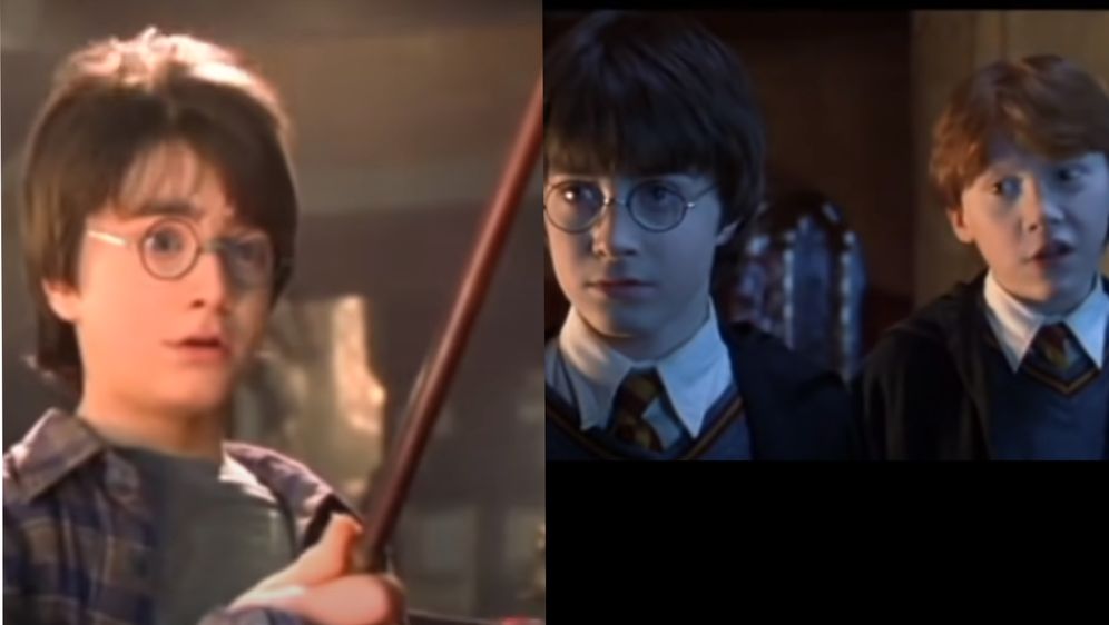 Harry Potter i Ron Weasly u filmu Harry Potter i kamen mudraca kako stoje u uniformi i kako harry kupuje štapić