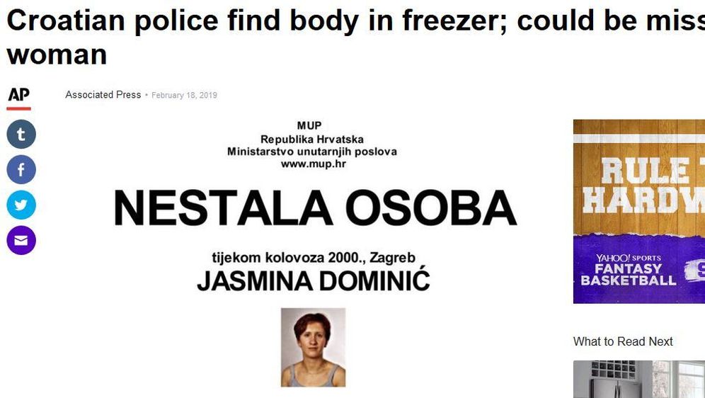 Naslovnice svjetskih medija o pronalasku tijela u zamrzivaču u Palovcu (Screenshot: Yahoo News)