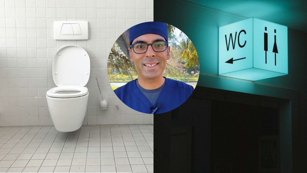 doktor Sethi između slika kupaonice i znaka za WC