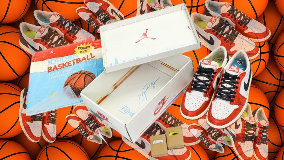 tenisice Trophy Room x Air Jordan 1 Lows i sve što dolazi u paketu s njima na pozadini od košarkaških lopti