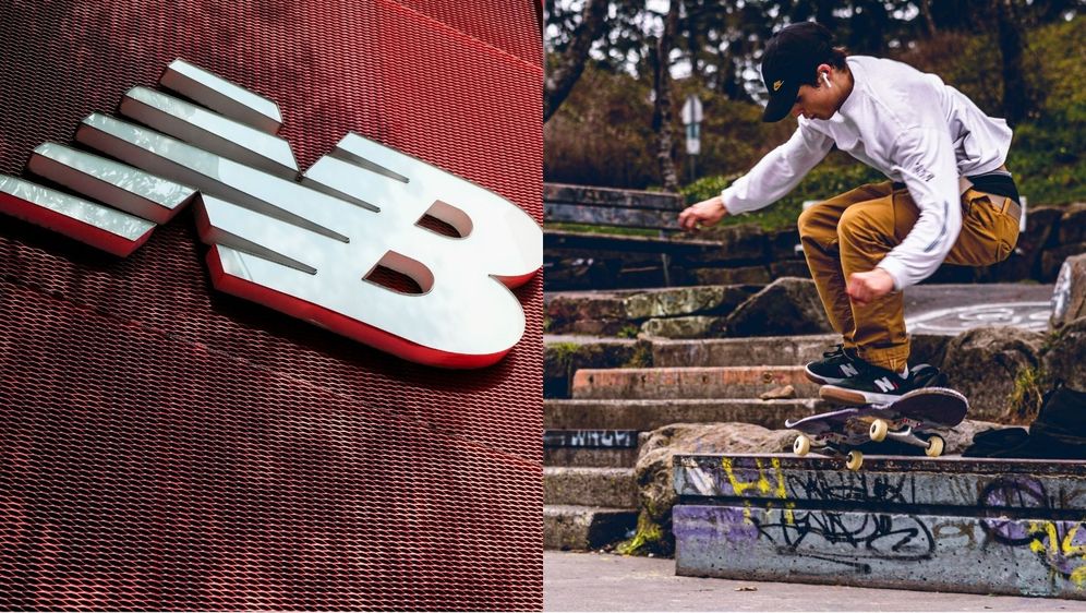 logo tvrtke new balance i skateboarder s tenisicama tvrtke new balance kako izvodi trikove