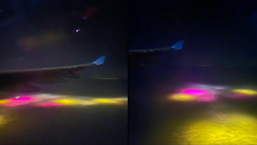 Misteriozna svijetla ispod oblaka slikana kroz prozor zrakoplova