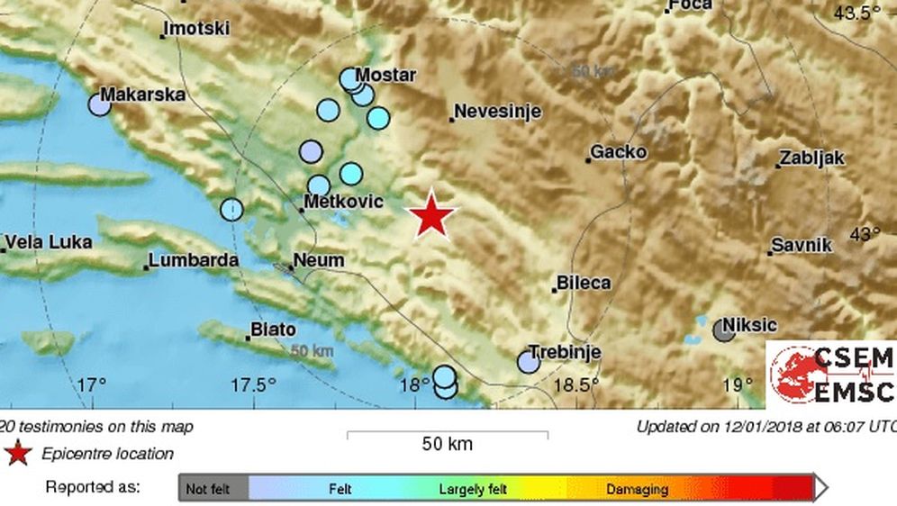Potres u Hercegovini osjetio se i u Hrvatskoj (Izvor: EMSC)