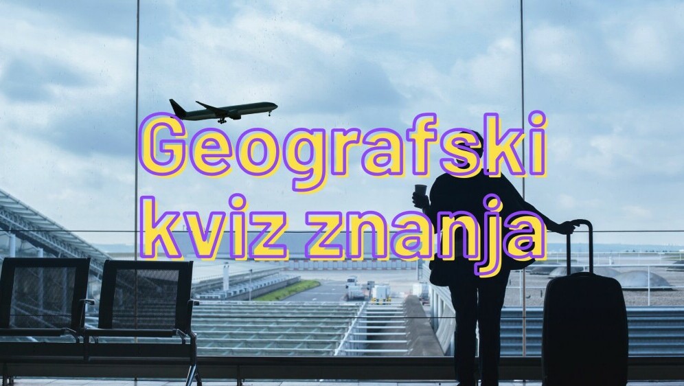 Putnik s koferom u zračnoj luci i zrakoplov koji polijeće uz naslov kviza