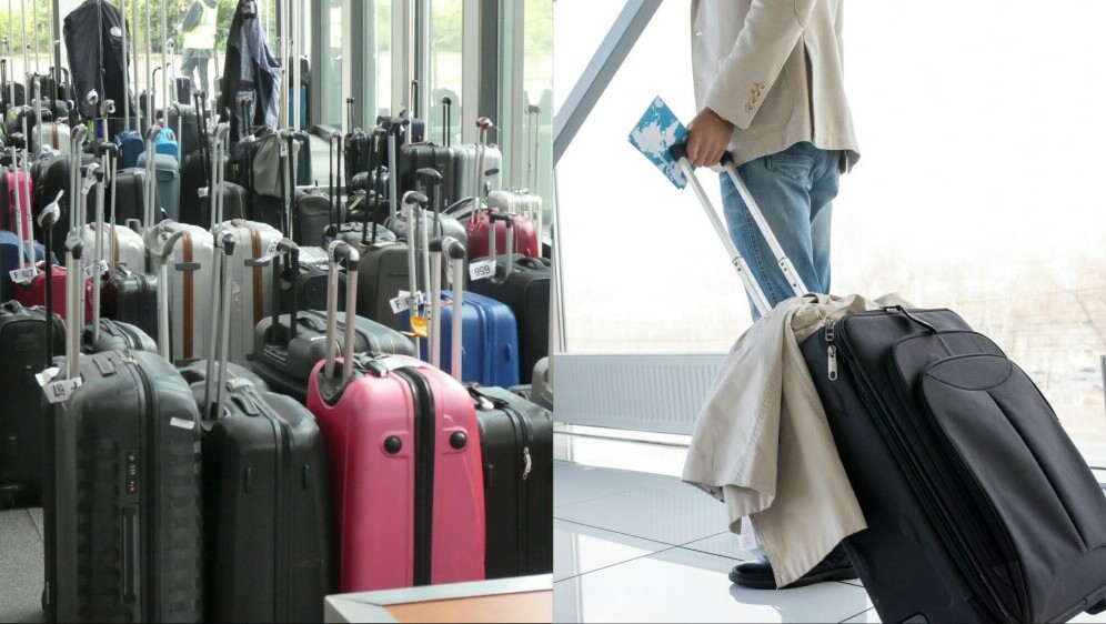 Razna prtljaga u zračnoj luci i putnik s koferom i kartom
