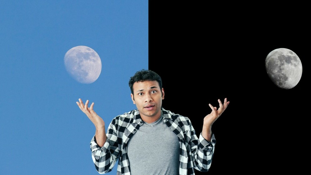 Mjesec vidljiv preko dana i preko noći i zbunjeni muškarac