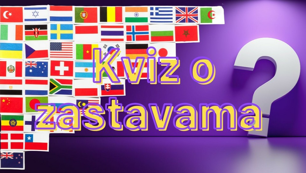 Upitnik naslonjen na zid i razne zastave uz naslov kviza