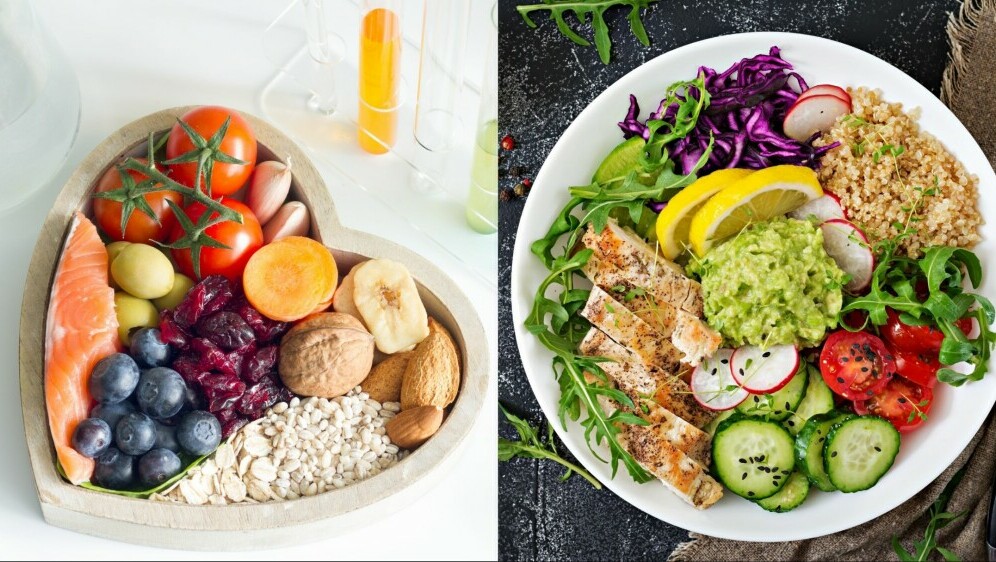 Razna zdrava hrana na tanjuru i u posudi u obliku srca