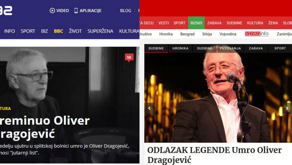 Regionalni mediji o smrti Olivera Dragojevića (Printscreen/B92/Blic)