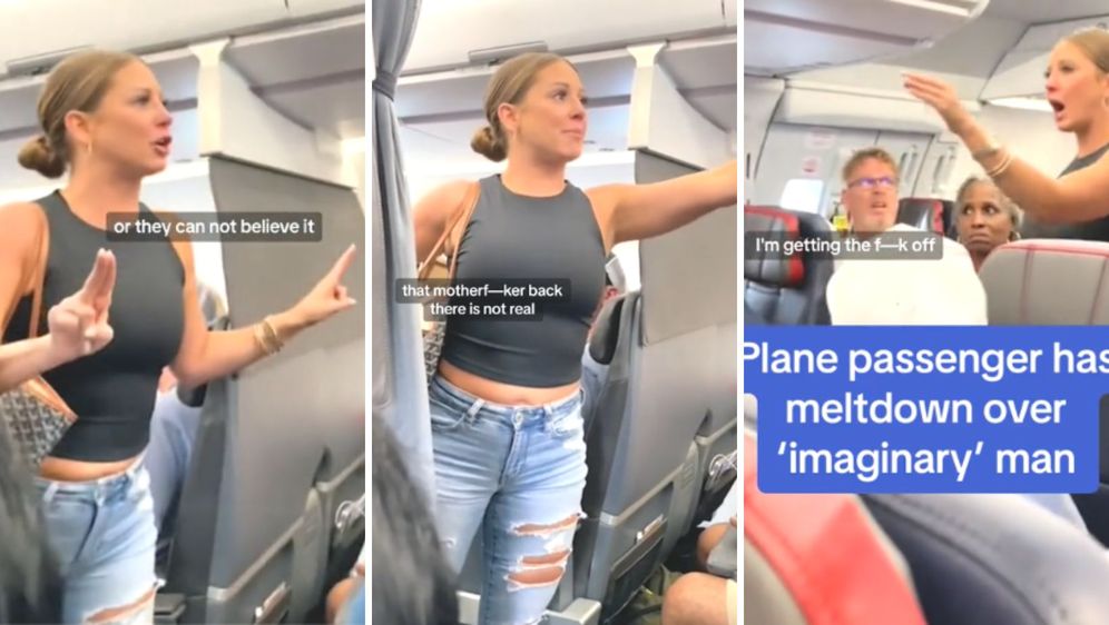 Žena stoji u avionu i dere se na suputnike
