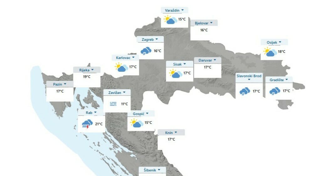 Temperature u Hrvatskoj 17. 7. 2025. u 7 sati