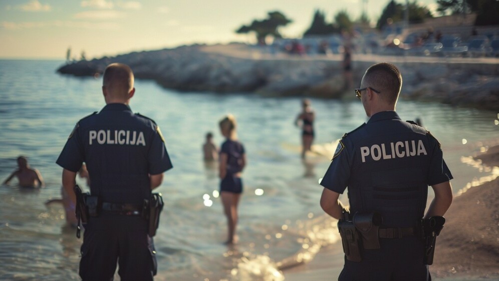 Uhićenje na plaži, ilustracija, AI