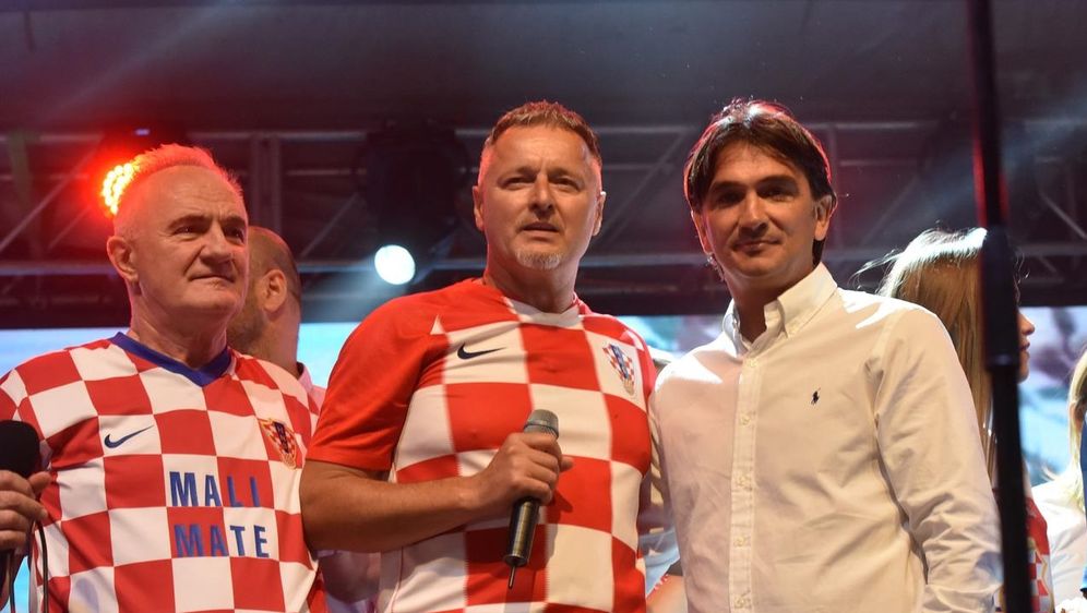 Zlatko Dalić, Marko Perković Thompson i Mate Bulić 2018. godine