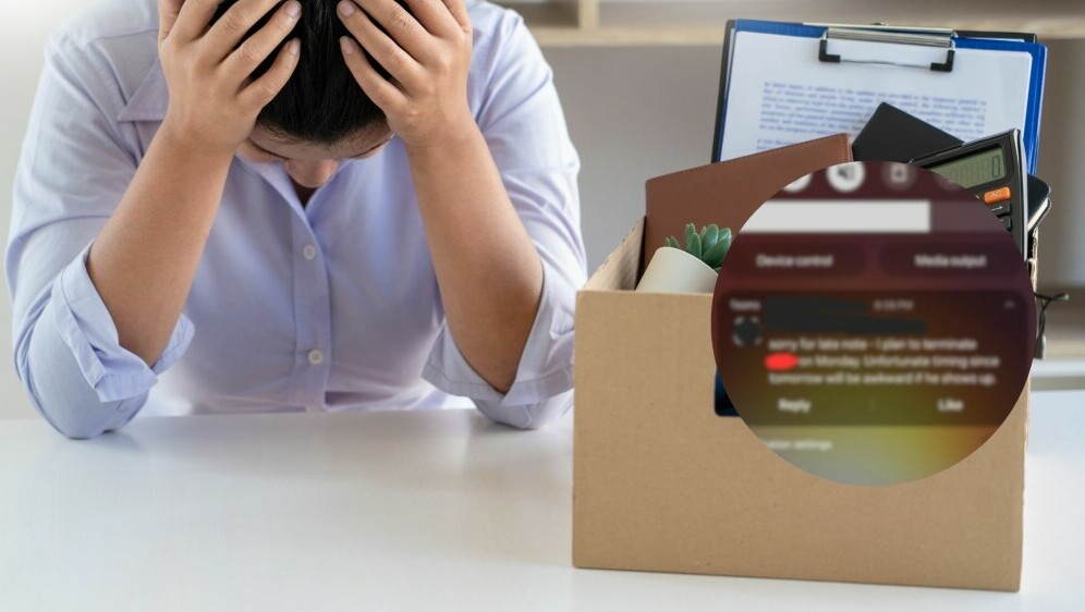 Osoba koja je dobila otkaz i poruka kojom je zaposlenik ostao bez posla