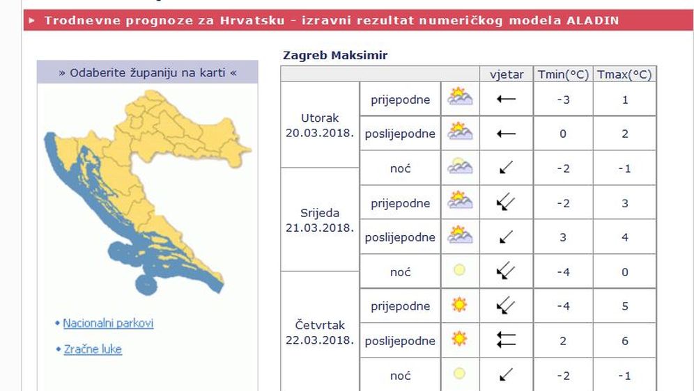 Temperature sljedeća tri dana za Zagreb (Screenshot: DHMZ)