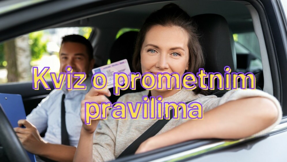 Žena u autoškoli s podignutom vozačkom dozvolom uz naslov kviza