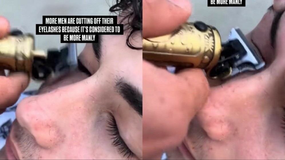 Muškarac kod brijača koji mu krati trepavice