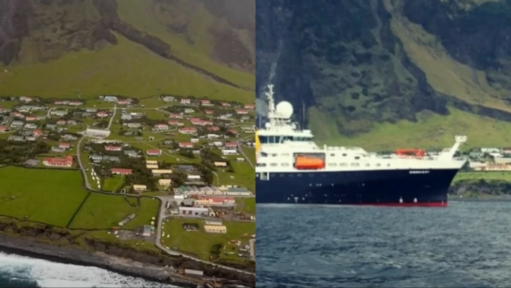 Otok Tristan de Cunha iz zraka i brod ispred luke otoka