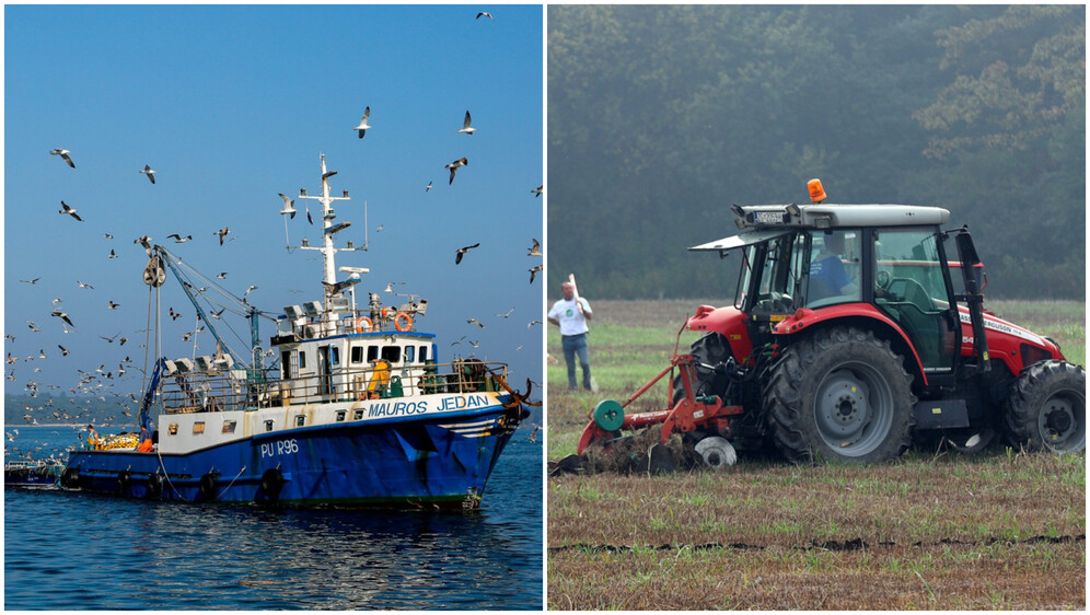 Ribarski brod i traktor u polju, ilustracija