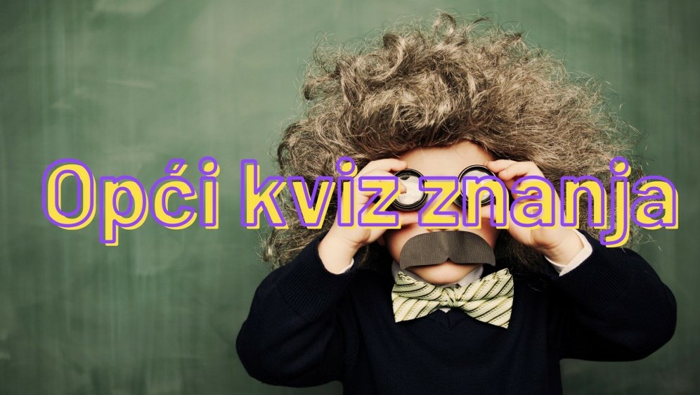Dijete u kostimu Alberta Einsteina i natpis Opći kviz znanja