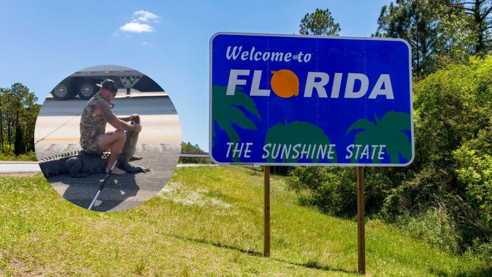 Oznaka uz cestu za ulazak u Floridu i muškarac koji se hrva s aligatorom