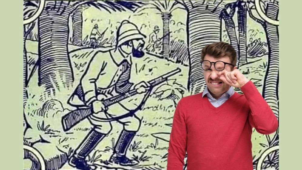 Optička iluzija lovca u šumi i muškarac koji trlja oči ispod naočala