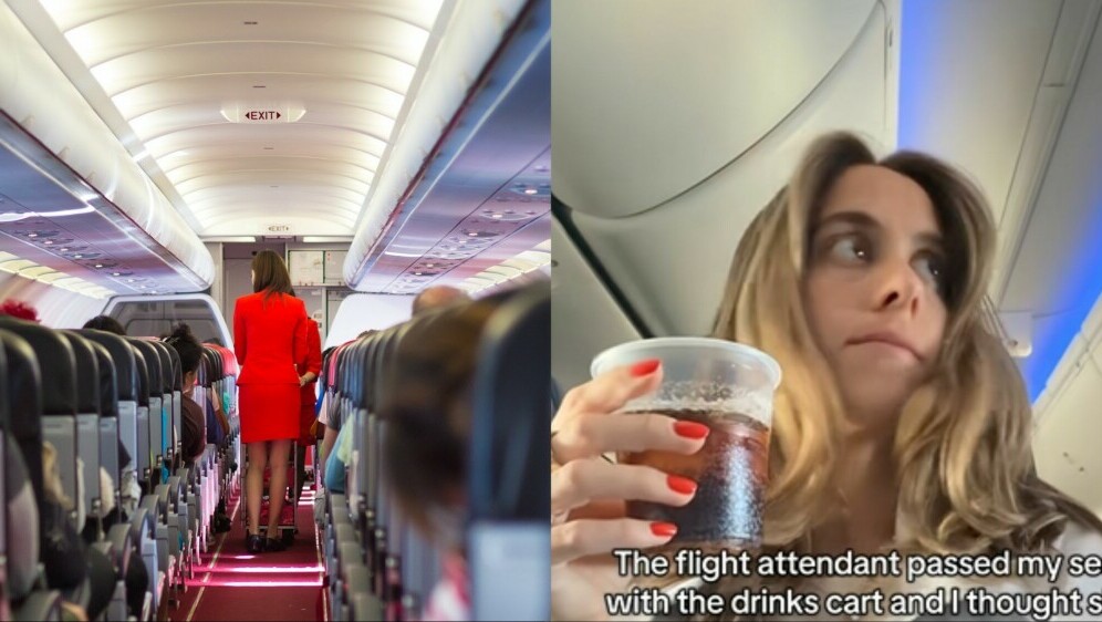 Stjuardesa koja poslužuje piće u zrakoplovu i zabrinuta TikTokerica