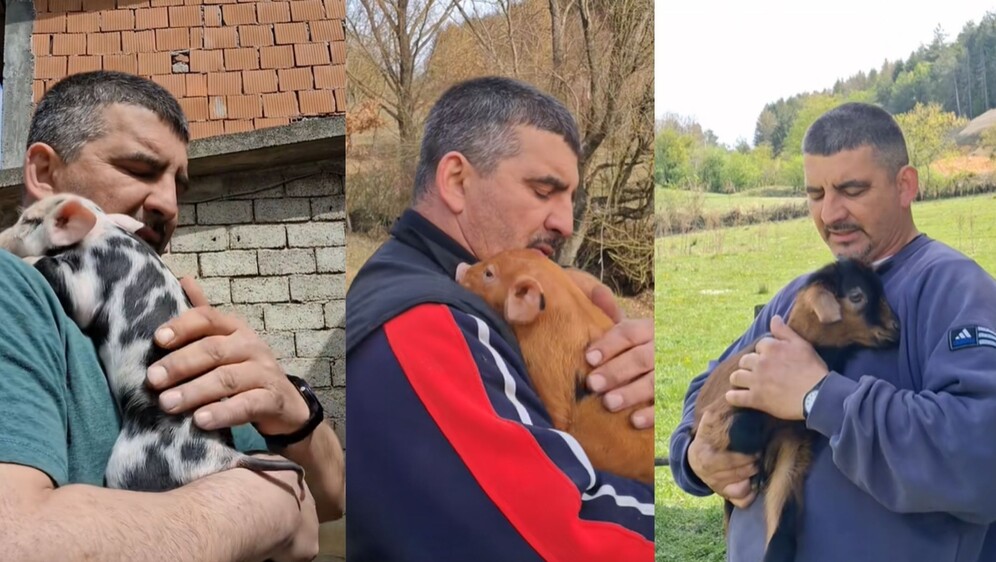 Jovica Nikolic koji pjeva domaćim životinja koje drži u naručju